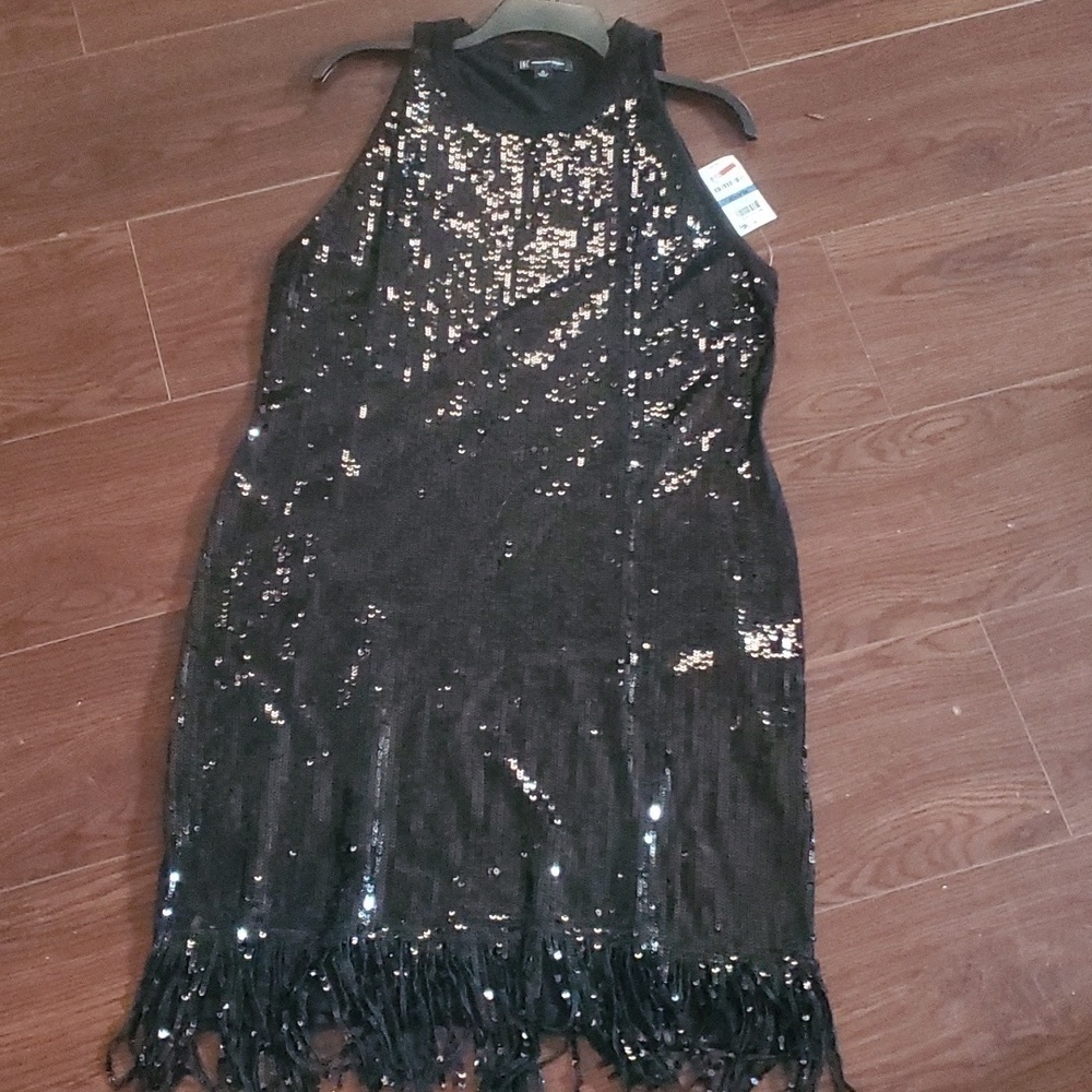 INC Black Sequin Fringe Bottom Dress Extra Large